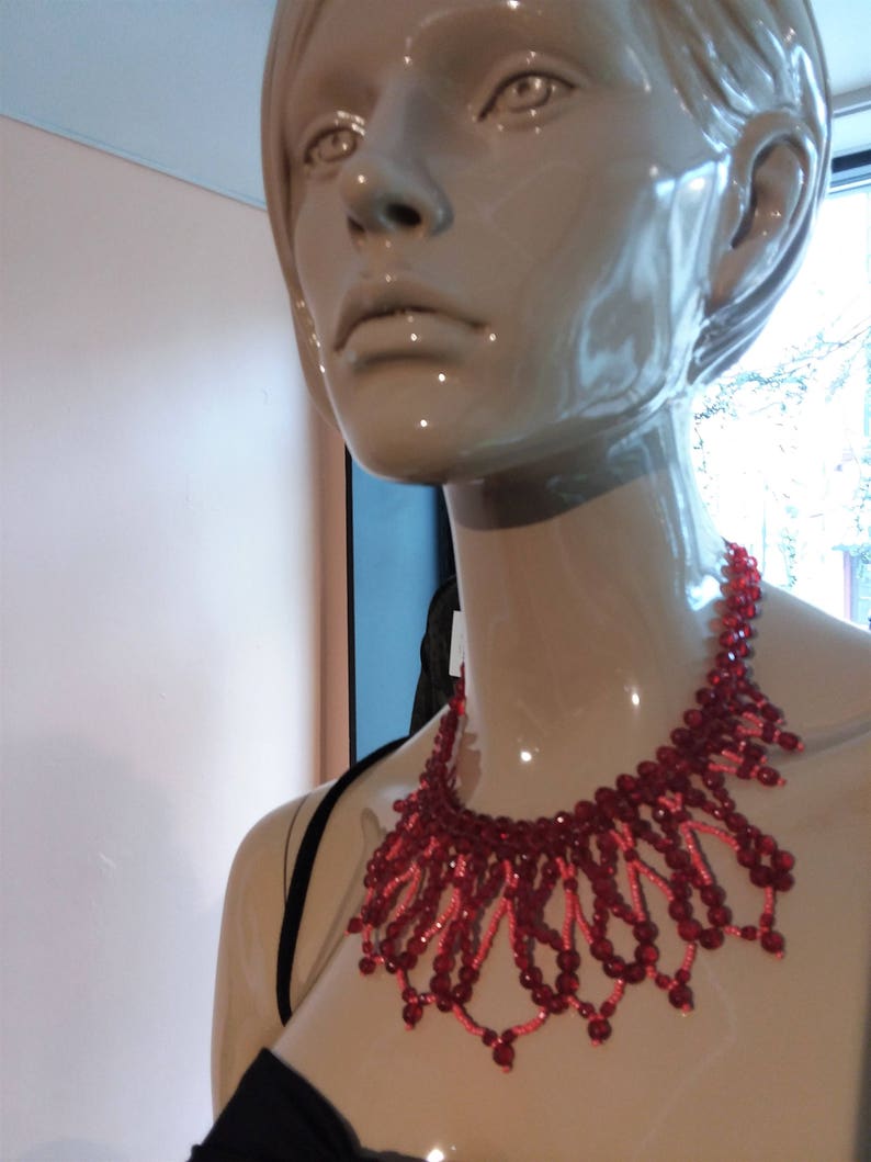 Romantic Red Choker Collar Necklace Glass Beaded Scallop Fringe Bib Dramatic Wedding Bride Bridal Victorian Statement Jewelry Jewellery