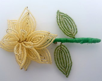 Handcrafted French Beaded Brooch Corsage Pin Butter Yellow Petal Flower and Spring Green Leaves Wedding Bride Bridal Hair Jewelry Scarf Hat