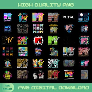 Könnte beinhalten: Eine digitale Sammlung verschiedener MTV Music Television-Logodesigns mit unterschiedlichen grafischen Mustern, Farbschemata und künstlerischen Stilen. Das Set enthält ikonische Markenelemente, Retro-Motive und textbasierte Grafiken.