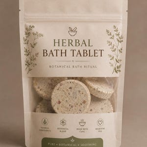 Puede incluir: Un paquete de tabletas de baño herbales. La ventana transparente revela varias tabletas redondas beige con motas rojas. El embalaje es de color beige claro con las palabras "HERBAL BATH TABLET" y "BOTANICAL BATH RITUAL" impresas. La parte inferior del paquete dice "PURE BOTANICAL SOOTHING."