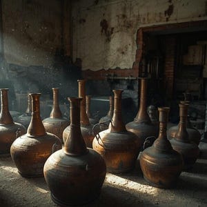 May include: A collection of numerous copper vessels with rounded bodies and long, narrow necks arranged in a dimly lit space. The metallic surfaces reflect light, showing a warm, brownish-orange hue across the various containers.