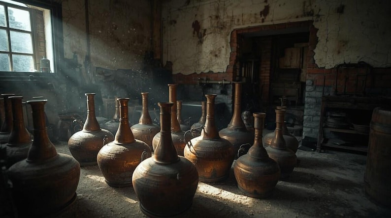 May include: A collection of numerous copper vessels with rounded bodies and long, narrow necks arranged in a dimly lit space. The metallic surfaces reflect light, showing a warm, brownish-orange hue across the various containers.