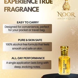May include: A small glass bottle of Noor Aroma Qasr fragrance with a gold cap, featuring text that reads Experience True Fragrance, Easy to Carry, Pure & Skin Safe, and All-Day Performance, presented on a dark circular base against a gold background.