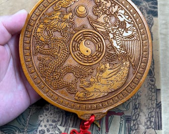 Houtsnijwerk draak feniks hanger yin yang bagua amulet feng shui hangend ornament 034