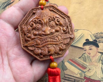 Massief hout gesneden Yazi-plaquette Bagua-beestkop hangend feng shui-huismuurdecor gunstig ornament