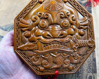 Massief hout gesneden Yazi-plaquette Bagua-beestkop hangend feng shui-huismuurdecor gunstig ornament