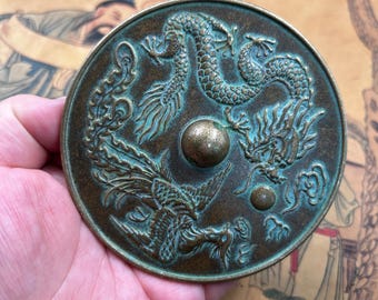 Espejo de bronce con forma de dragón fénix, estilo vintage, redondo, de cobre, decoración, escultura retro china, adorno de escritorio Feng Shui