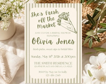 She's Fresh Off the Market Bridal Shower Invitation Template, Green Farmers Market Bridal Shower, Editable Canva Invite