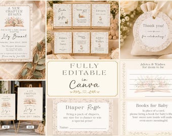 A New Chapter Begins Baby Shower Bundle, Canva Template, Storybook Baby Shower Invitation
