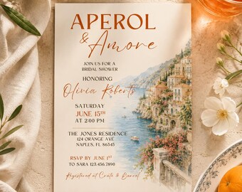 Aperol & Amore Bridal Shower Invitation Template, Amalfi Coast Bridal Shower Invite, Italian Summer Wedding Shower, Mediterranean Shower