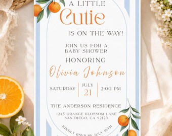 Little Cutie Baby Shower Invitation, Citrus Orange Blossom Theme (Digital Download)