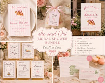 She Said Oui Bridal Shower Bundle Template, French Bridal Shower Invitation, Pink Parisian Bridal Shower, Editable Canva Template