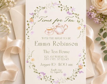 Floral Tea Party Bridal Shower Invitation, Vintage Tea Set Template (Digital Download)