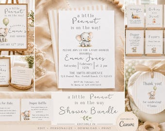 A Little Peanut Is On The Way Baby Shower Bundle Templates | Editable in Canva | Neutral Elephant Baby Shower Invitation Set