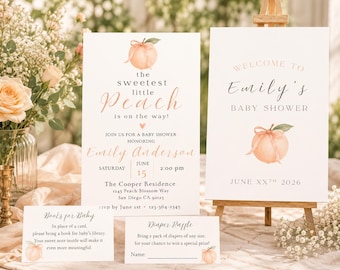 Sweet Little Peach Baby Shower Invitation Bundle, Editable Canva Templates (Digital Download)
