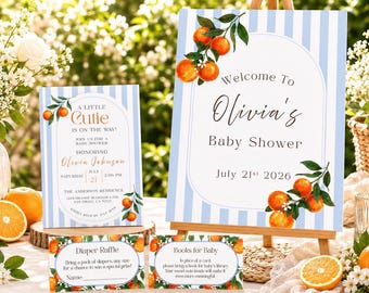 Citrus Baby Shower Bundle, Blue Orange Invitation Template, Welcome Sign (Digital Download)