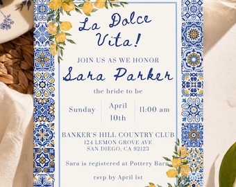 La Dolce Vita Bridal Shower Invitation Template, Amalfi Coast Bridal Shower Invite, Mediterranean Lemon Tile Invite, Italian Bridal Shower