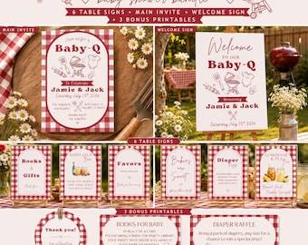 Baby-Q Shower Bundle | Editable Invitation, Welcome Sign, Cards (Digital Download)