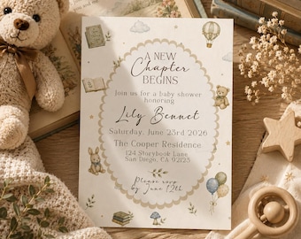 A New Chapter Begins Baby Shower Invitation Template, Storybook Baby Shower Invite, Gender Neutral Editable Canva Invite