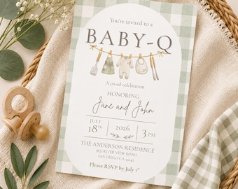 Green Baby-Q Shower Invitation Template, BBQ Gender Neutral Invite (Canva)