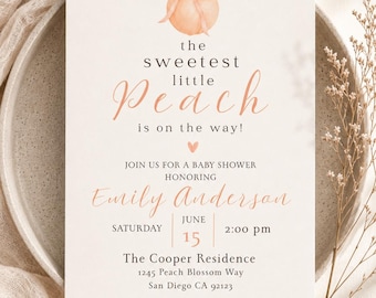 May include: A rectangular baby shower invitation card featuring a watercolor peach illustration with a bow at the top. The text reads: the sweetest little Peach is on the way! JOIN US FOR A BABY SHOWER HONORING Emily Anderson SATURDAY JUNE 15 2:00 pm The Cooper Residence 1245 Peach Blossom Way San Diego CA 92123 rsvp by June 1st 123-364-2345.