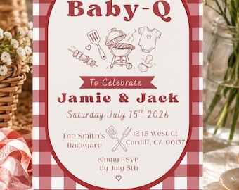Red Baby-Q Shower Invitation Template, BBQ Gender Neutral Invite (Canva) | Gingham Baby BBQ