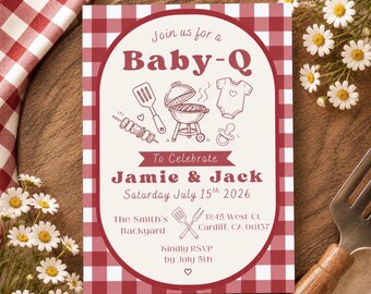 Red Baby-Q Shower Invitation Template, BBQ Gender Neutral Invite (Canva) | Gingham Baby BBQ
