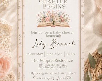 A New Chapter Begins Baby Shower Invite, Canva Template, Storybook Baby Shower Invitation, digital download