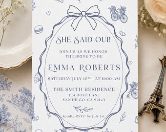 She Said Oui Bridal Shower Invitation, French Parisian Theme, Blue French Template(Digital Download)