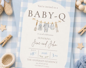 Blue Gingham Baby-Q Shower Invitation Template, Co-ed BBQ Celebration (Digital Download)