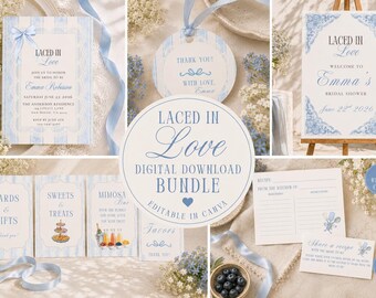 Laced in Love Bridal Shower Bundle, Coquette Bridal Shower, Blue Bow Lace Templates (Digital Download)