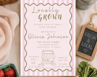 Locally Grown Baby Shower Invitation, Farmers Market Theme, Pink Floral, Editable Canva Template