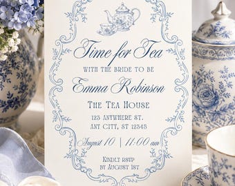 Vintage Tea Party Bridal Shower Invitation, Blue Tea Set, Editable Canva Template (Digital Download)