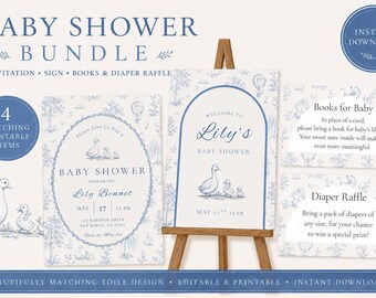 Blue Toile Baby Shower Bundle | Editable Invitation, Sign, Books, Diaper Raffle (Digital Download)
