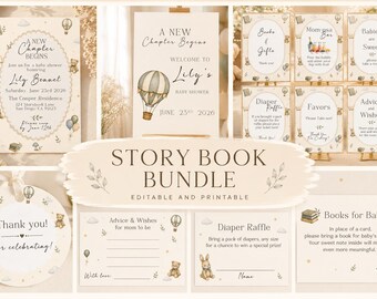 A New Chapter Begins Baby Shower Bundle, Canva Template, Storybook Baby Shower Invitation, Gender Neutral Shower Invite, Digital Download