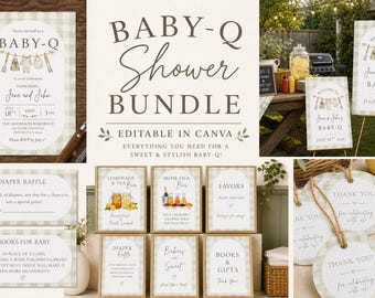 Baby-Q Shower Bundle | Editable Sage Gingham Canva Templates