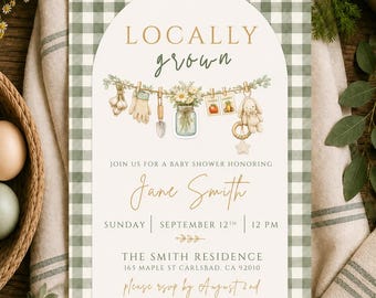 Locally Grown Baby Shower Invitation, Farmers Market Theme, Green Gingham (Digital Download)