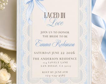 Coquette Bridal Shower Invitation, Blue Bow Lace Template (Digital Download)