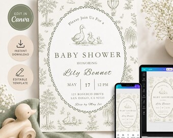 Green Toile Baby Shower Invitation, Vintage Toile Storybook Template (Instant Download)