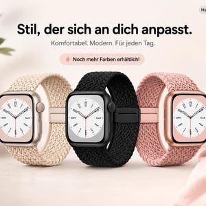 Könnte beinhalten: Drei Smartwatches mit gewebten Armbändern in Beige, Schwarz und Rosa. Die Zifferblätter der Uhren sind quadratisch mit weißen Zifferblättern, schwarzen Zeigern und roten Sekundenzeigern. Der Text lautet "Stil, der sich an dich anpasst."
