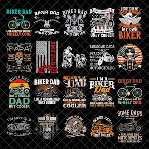 Może przedstawiać: Kolekcja czarnych grafik z motocyklami, rowerami i tekstem. Projekty zawierają frazy takie jak "Biker Dad", "Wheely Cool" i "I'm Not Old, I'm Classic". Obrazy są w różnych stylach.
