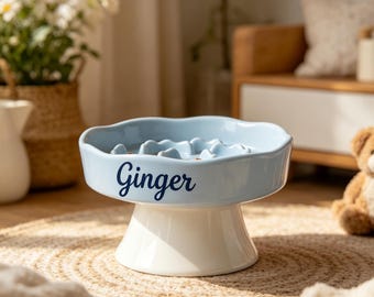 Comedero elevado personalizado de cerámica para mascotas con nombre personalizado, plato elevado para perros, antiahogo, apto para bigotes, regalo ortopédico para mascotas