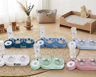 Personalized 3-in-1 Cat Bowl with Auto Waterer, Custom Name Pet Feeder, Tilted Neck Guard Food Dish, Gravity Water Dispenser, 6 Colors