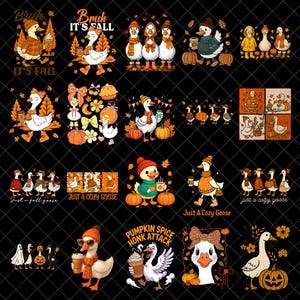 Peut inclure: Une collection d'illustrations numériques représentant des oies blanches dans des décors d'automne avec des citrouilles, des feuilles mortes et des tasses de café. Les textes incluent Bruh It's Fall, Just A Cozy Goose et Pumpkin Spice Honk Attack.