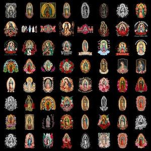 May include: A collection of digital illustrations featuring the Virgin of Guadalupe in various artistic styles, including colorful floral frames, monochromatic sketches, and designs incorporating flags, text, and religious iconography on a black background.