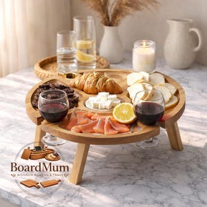 Mesa plegable de madera para picnic, soporte para vino, bandeja portátil para servir aperitivos al aire libre.