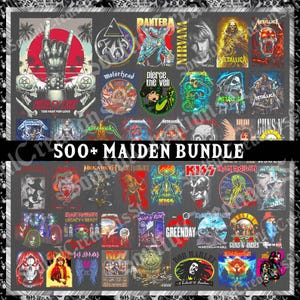 May include: A collection of rock band graphics, including logos and album art, displayed on a dark background. Featured bands include Metallica, Pantera, and Iron Maiden. The text "500+ Maiden Bundle" is also visible.