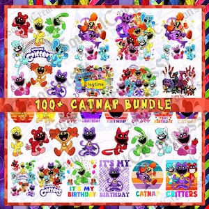 May include: A digital art bundle featuring colorful cartoon cat-like creatures with various expressions and poses. The text "Smiling Critters", "Playtime", and "It's My Birthday" are included. The bundle is labeled "100+ Catnap Bundle".