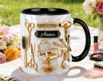 Mug coiffeur personnalisé, Mug décoratif avec nom personnalisé pour coiffeur, Tasse à café de salon avec nom personnalisé, Plat 2D