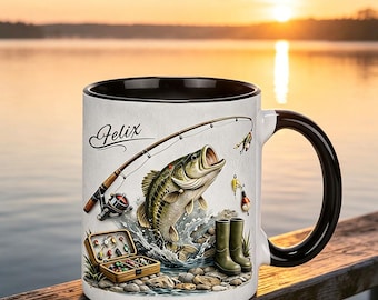 Mug de pêche personnalisé avec nom, tasse à café du pêcheur personnalisée, tasse à café personnalisée avec scène de pêche, tasses pour les amateurs de pêche
